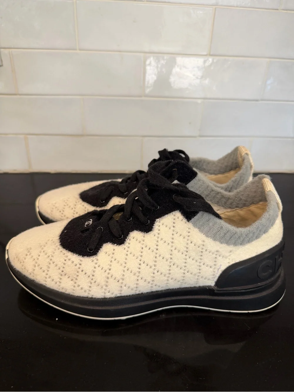 Chanel Women’s Knit Sneakers in Cream and Black